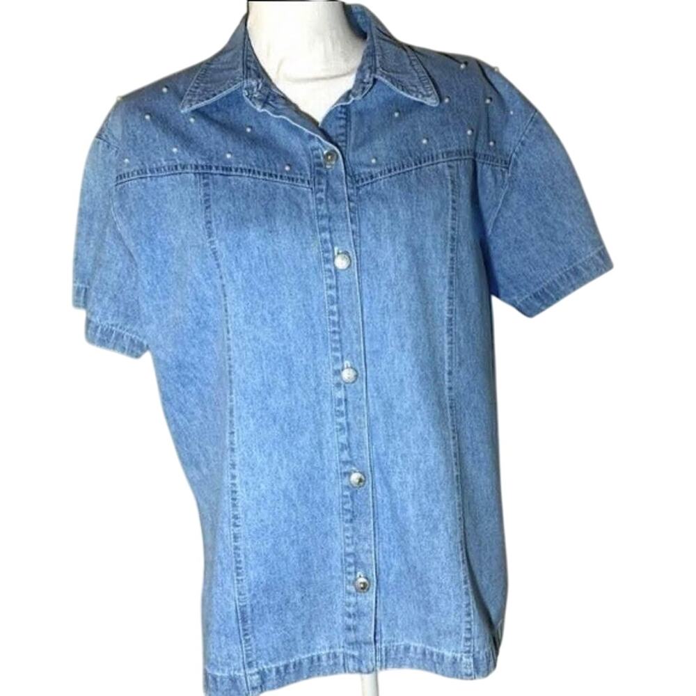 Vintage Denim Short Sleeve Button Down Shirt Medium Western Boho Cowgirl